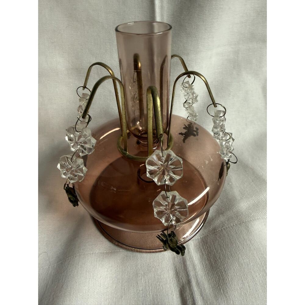 Brown Glass Candlestick Adorned with a vintage Bronze Cherub Candle Ring